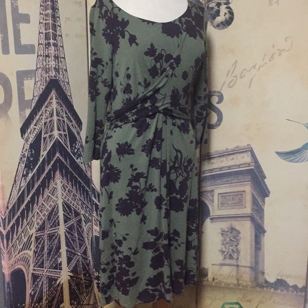 Boden Olive Green Midi Dress with Black Floral Print
